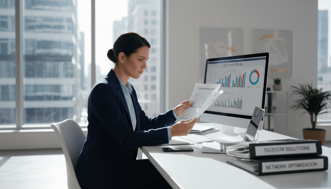 Business owner reviewing telecom bills and cost analysis at desk