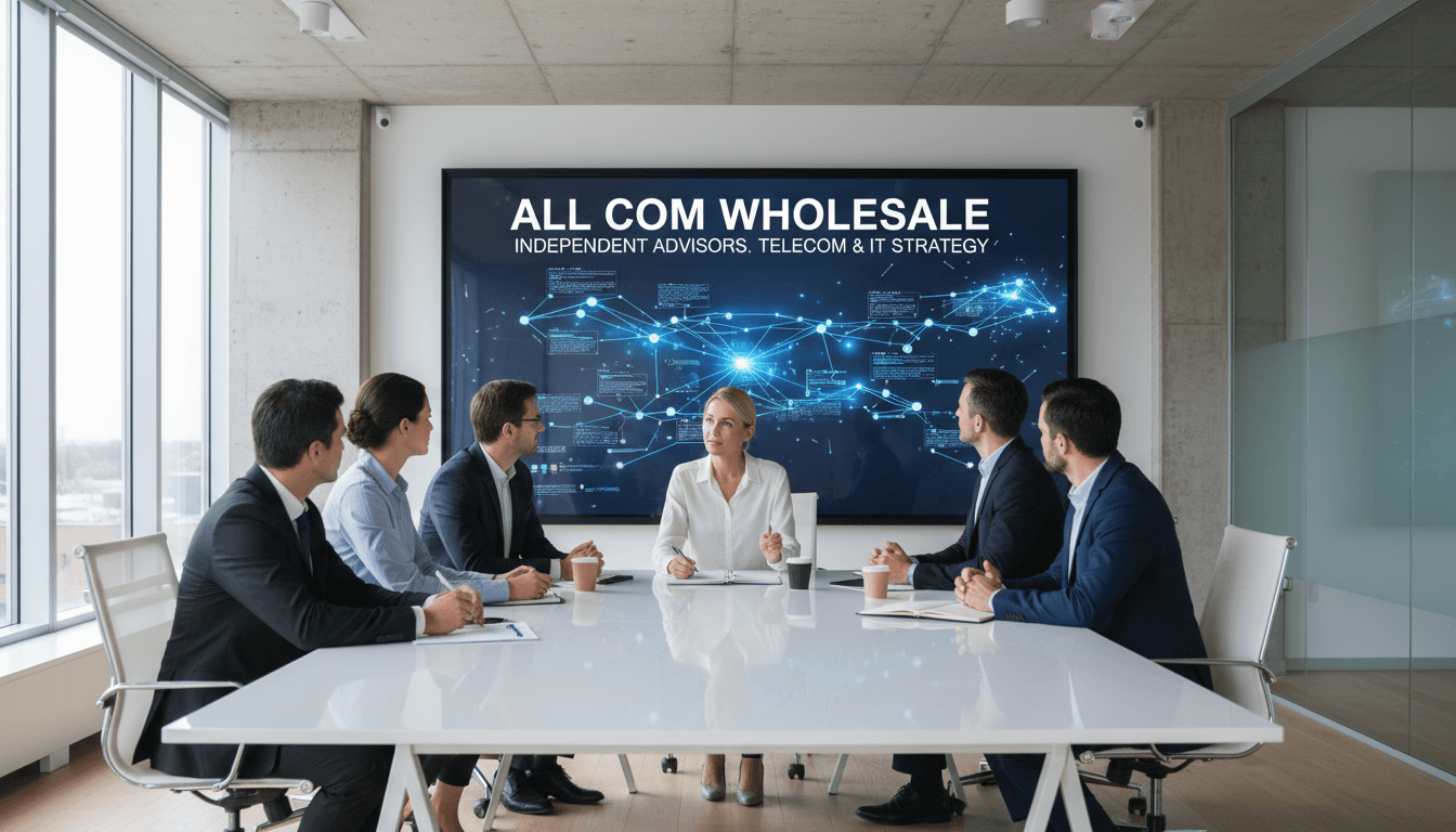 Business professionals in a conference room discussing network infrastructure.