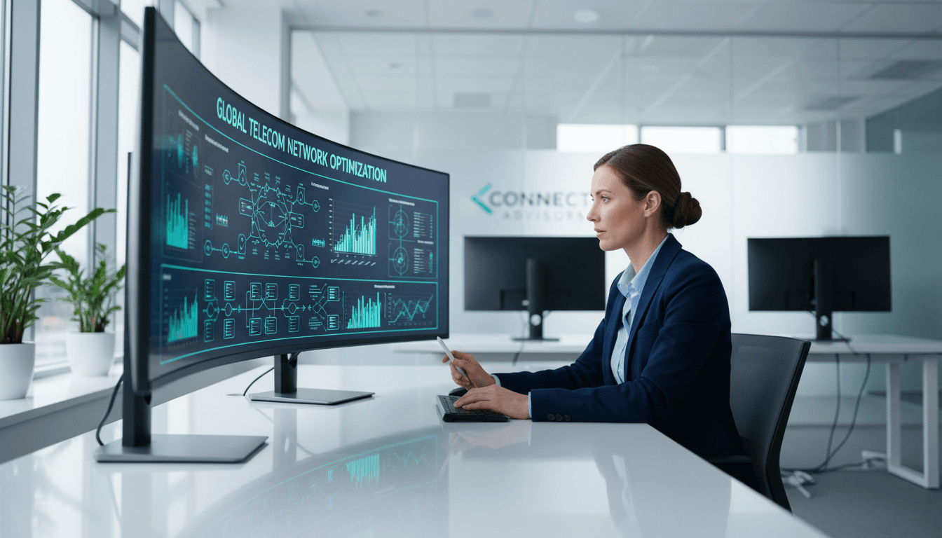 IT professional reviewing telecom infrastructure on a display screen