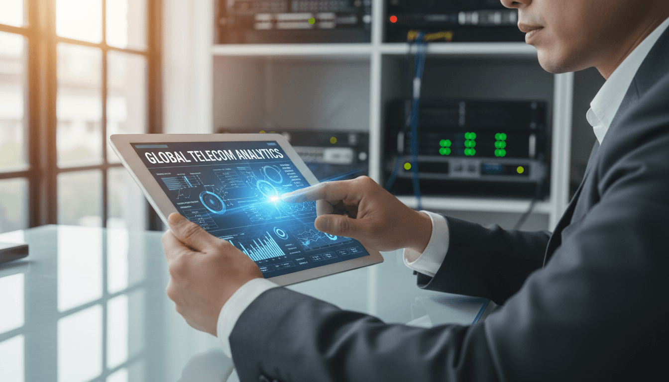 Business professional reviewing telecom and network optimization data on tablet