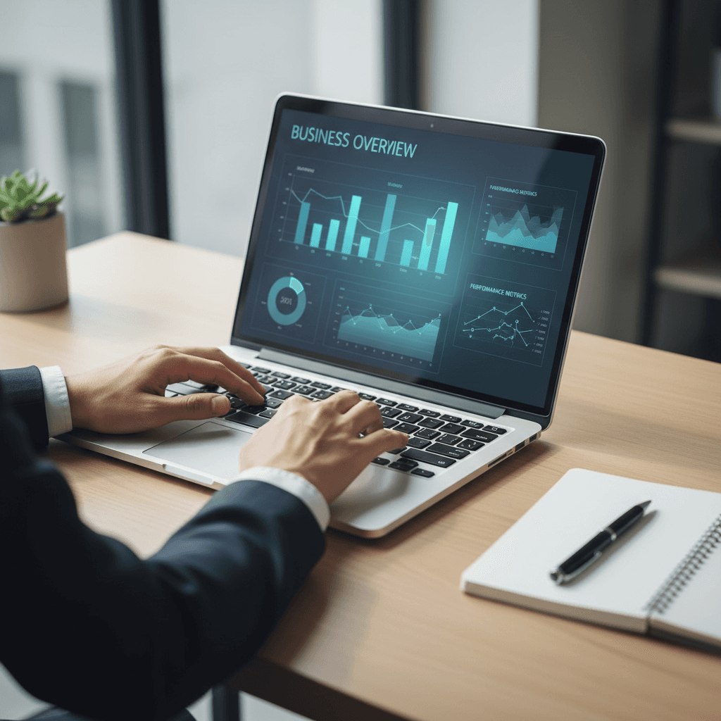 Business owner reviewing telecom cost analysis on laptop with clear data visualization