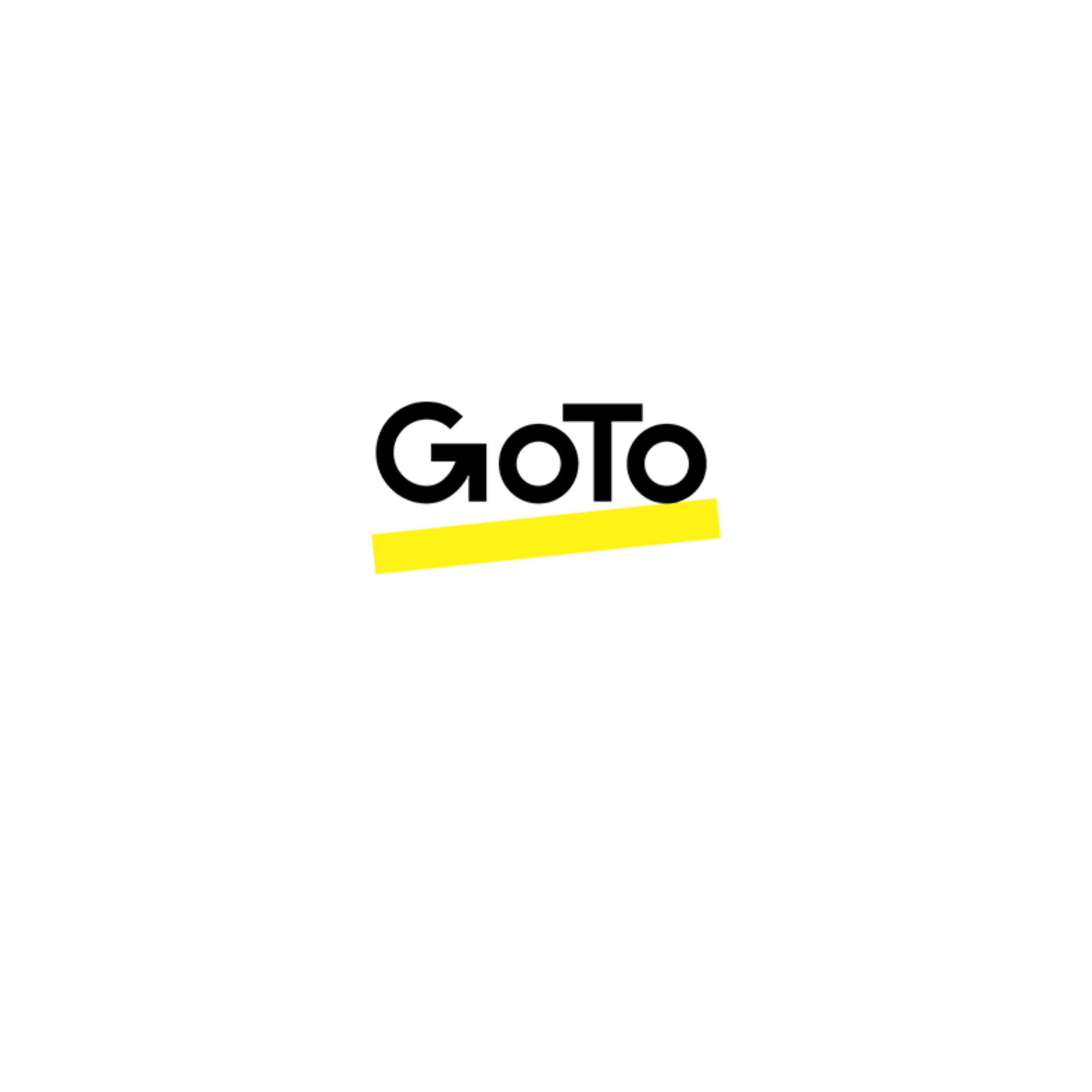 Black GoTo text logo with a thick, slanted yellow underline against a solid white background.